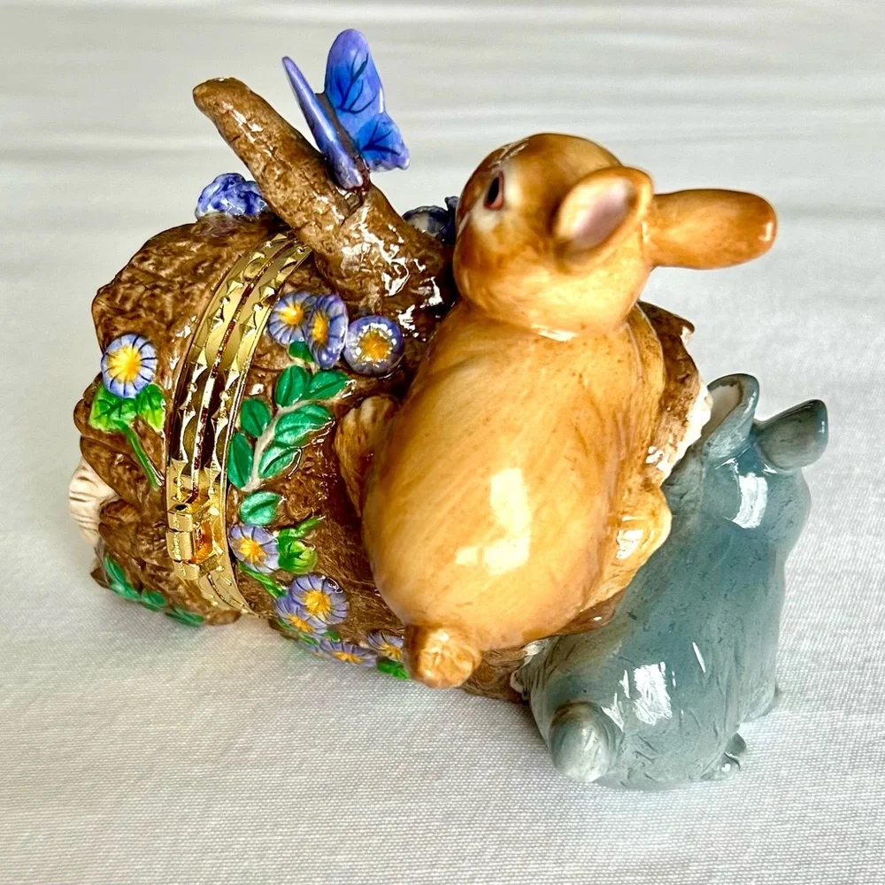 Vtg Hand Painted Porcelain Hinged Faberge Trinket Box Woodland Easter Spring